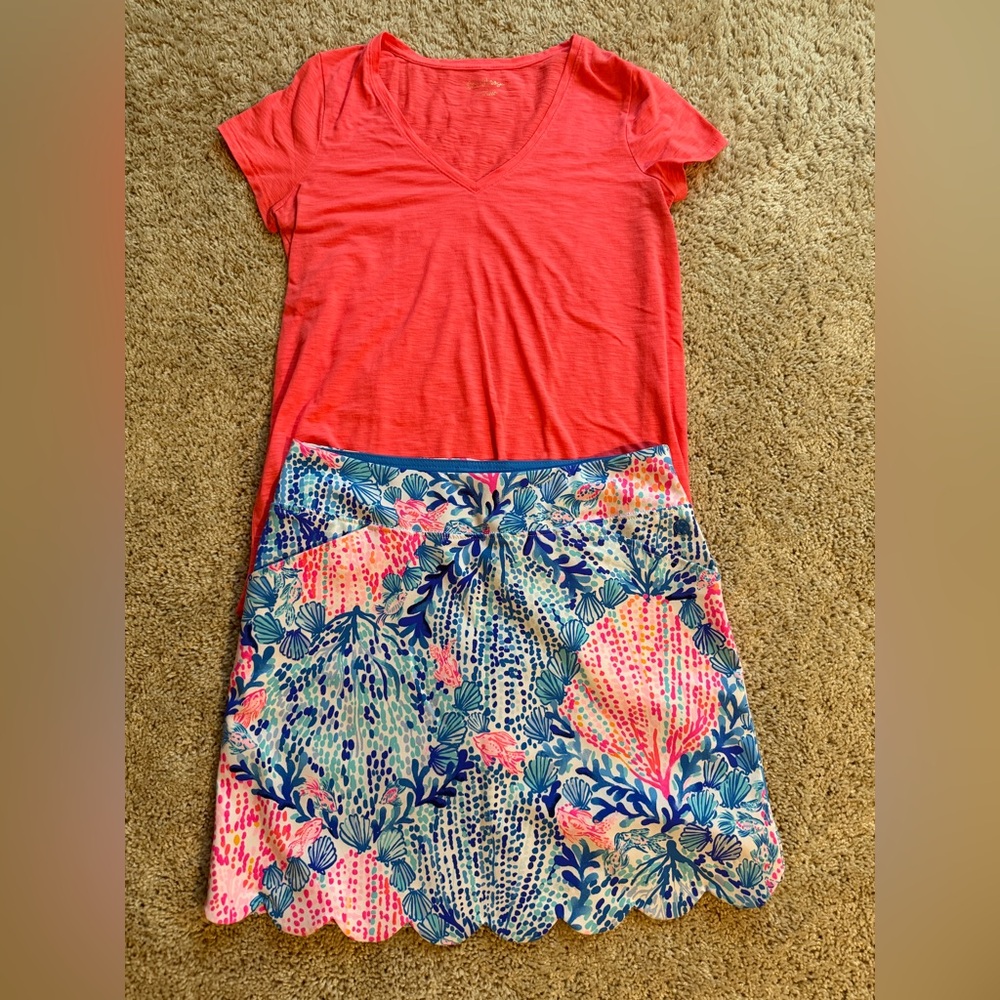 Lilly Pulitzer Luxletic skort 6 and coral vneck t-shirt S